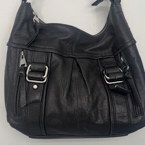 Perlina Black Leather Hobo Shoulder Bag with Buckle Accents